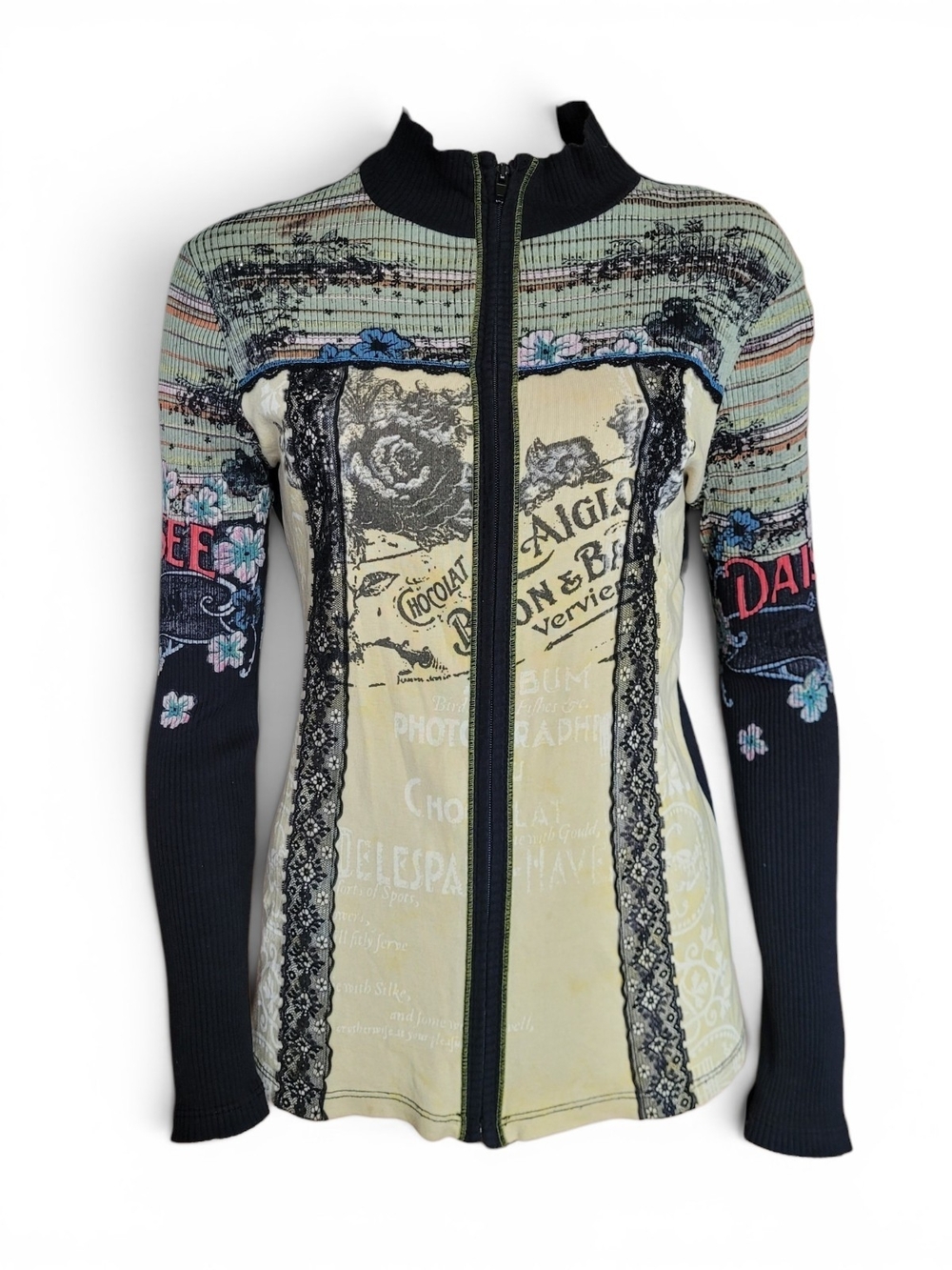 Vintage Black, Cream, Green Zip-Up Cardigan with Floral Panels